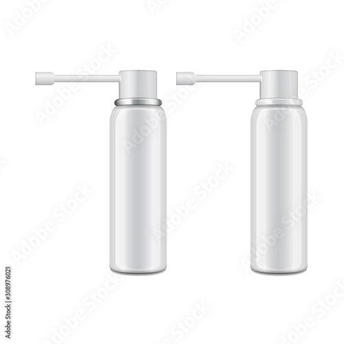 Aluminum white bottle with sprayer for oral spray. Vector set of realistic packaging mockup template