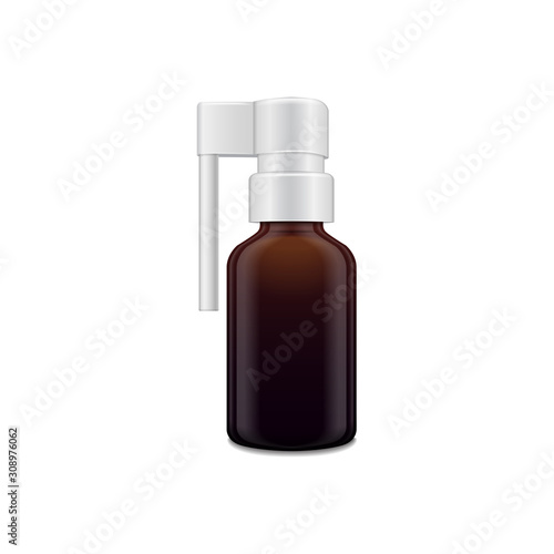 Dark glass bottle with sprayer for oral spray. Vector realistic packaging mockup template