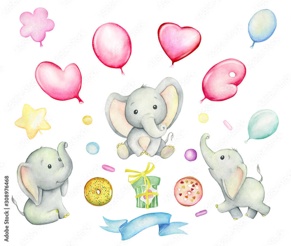 Obraz Cute elephants, balloons, donuts, gift, ribbon. Watercolor set for Valentine's Day, on an isolated background, for greeting cards, invitations, printing of children's textiles.
