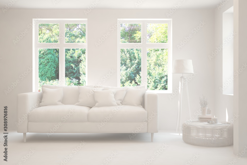 Fototapeta premium Mock up of stylish room in white color with sofa and green landscape in window. Scandinavian interior design. 3D illustration