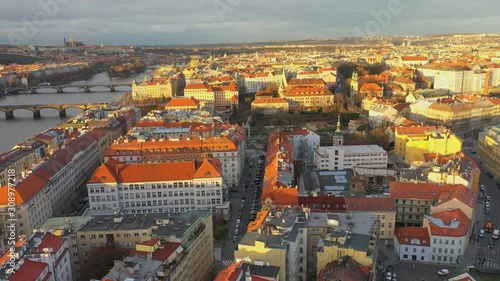 Aerial view of Podskali area under Vysehrad castle at sunset light, beautiful view of Prague, Czech Republic photo