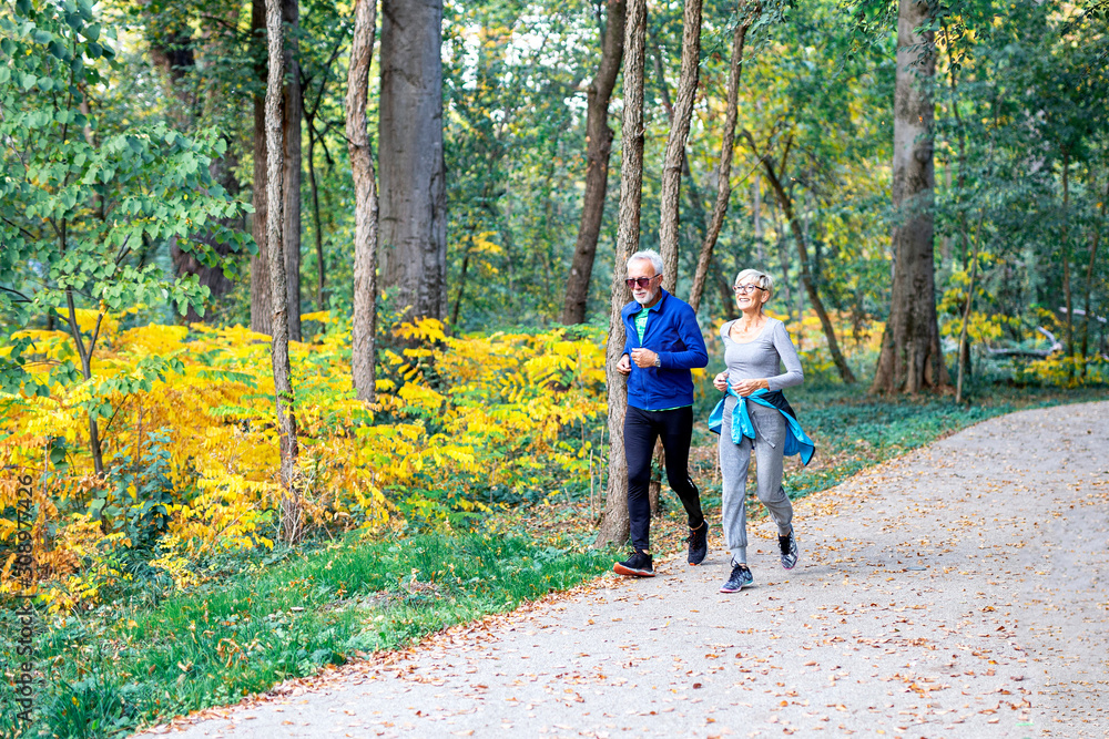 Obraz premium Mature couple man and woman jogging in the park