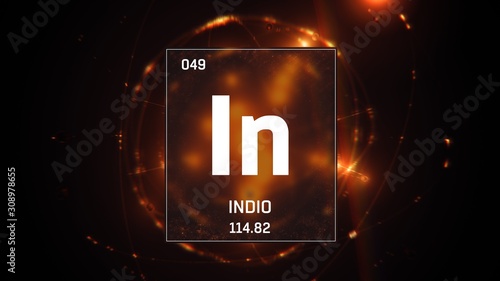 3D illustration of Indium as Element 49 of the Periodic Table. Orange illuminated atom design background with orbiting electrons. Name, atomic weight, element number in Spanish language photo