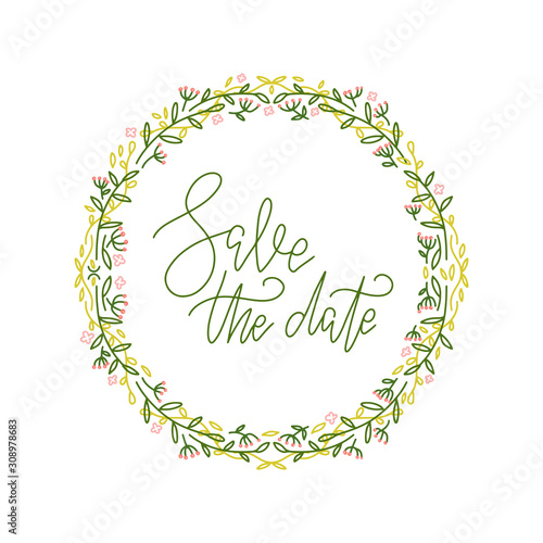 Round Wreaths with green leaves and flowers. Hand drawn doodle vector floral ornament, design template. Unique decoration for greeting card, wedding invitation, save the date lettering quote.