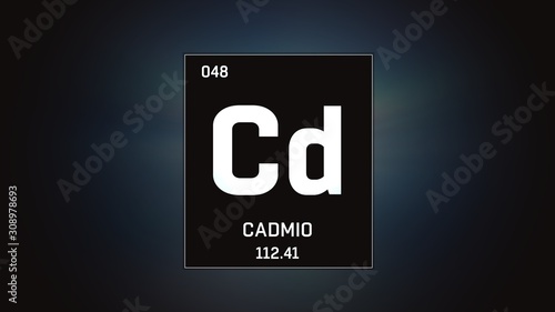 3D illustration of Cadmium as Element 48 of the Periodic Table. Grey illuminated atom design background with orbiting electrons. Name, atomic weight, element number in Spanish language