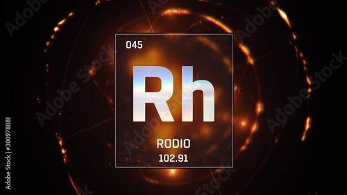 3D illustration of Rhodium as Element 45 of the Periodic Table. Orange illuminated atom design background with orbiting electrons. Name, atomic weight, element number in Spanish language