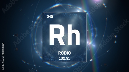 3D illustration of Rhodium as Element 45 of the Periodic Table. Blue illuminated atom design background with orbiting electrons. Name, atomic weight, element number in Spanish language photo