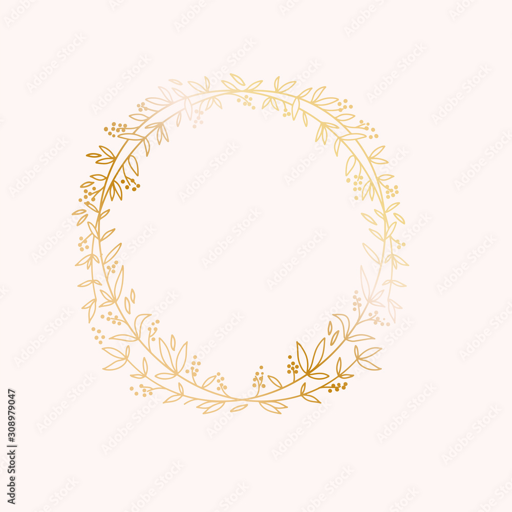 Wreath border frame. Wedding marriage event invitation card template. Luxury bright shiny gold gradient. Text placeholder. Gold floral round frame.