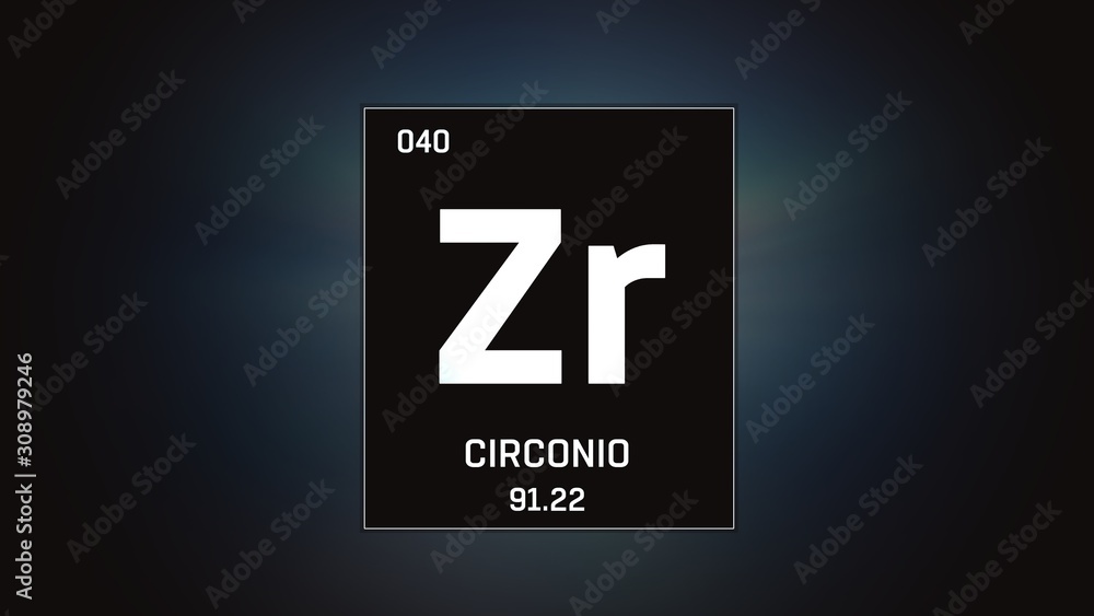 Fototapeta premium 3D illustration of Zirconium as Element 40 of the Periodic Table. Grey illuminated atom design background with orbiting electrons. Name, atomic weight, element number in Spanish language
