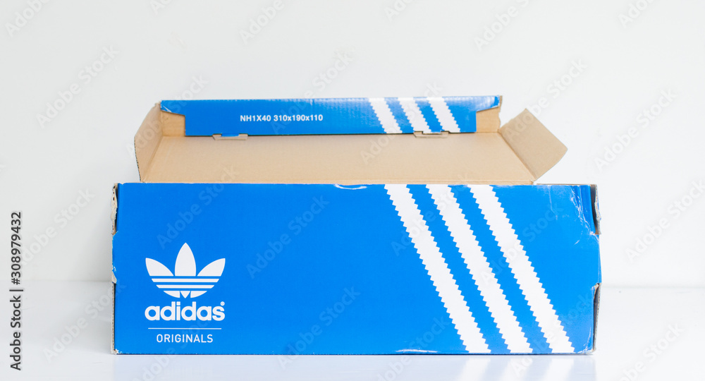 london, england, 05/05/2018 empty blue Adidas forest hills isolated trainer  cardboard box. adidas trainers, stylish retro football street fashion.  famous three stripes Stock Photo | Adobe Stock