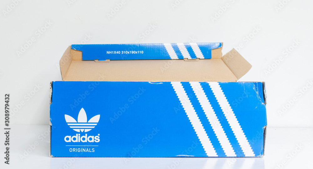 london england 05 05 2018 empty blue Adidas forest hills isolated trainer cardboard box. adidas trainers stylish retro football street fashion. famous three stripes Stock Photo Adobe Stock