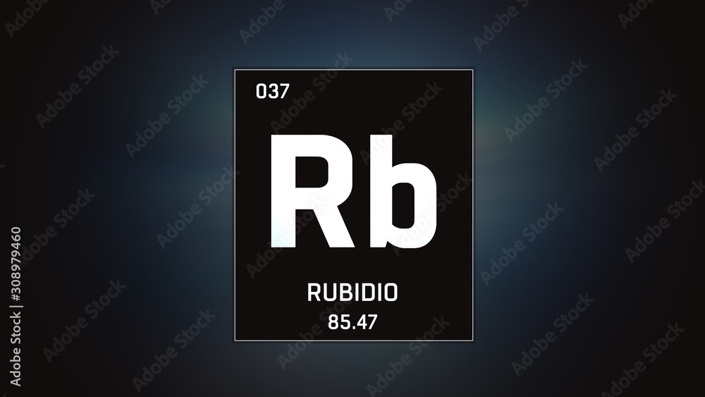 3D illustration of Rubidium as Element 37 of the Periodic Table. Grey illuminated atom design background with orbiting electrons. Name, atomic weight, element number in Spanish language 3D illustration of Rubidium as Element 37 of the Periodic Table. Grey illuminated atom design background with orbiting electrons. Name, atomic weight, element number in Spanish language