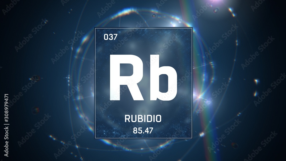 3D illustration of Rubidium as Element 37 of the Periodic Table. Blue illuminated atom design background with orbiting electrons. Name, atomic weight, element number in Spanish language 3D illustration of Rubidium as Element 37 of the Periodic Table. Blue illuminated atom design background with orbiting electrons. Name, atomic weight, element number in Spanish language