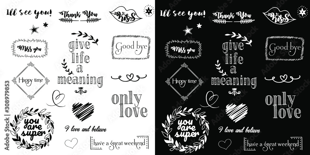 Naklejka premium Vector set of inscriptions about love, words of motivation and wishes. Vector lettering. Vector doodles - frames, arrows, flowers, hearts, stars.