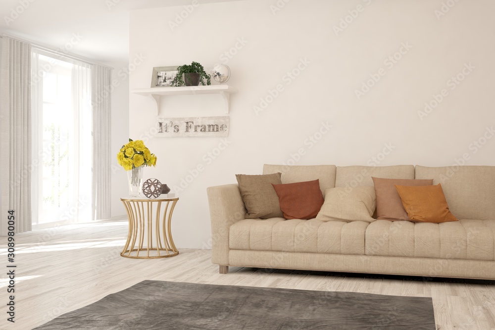 Stylish room in white color with sofa. Scandinavian interior design. 3D illustration Stylish room in white color with sofa. Scandinavian interior design. 3D illustration