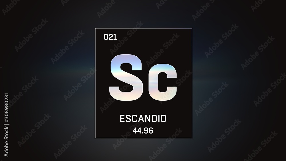 3D illustration of Scandium as Element 21 of the Periodic Table. Grey illuminated atom design background with orbiting electrons. Name, atomic weight, element number in Spanish language 3D illustration of Scandium as Element 21 of the Periodic Table. Grey illuminated atom design background with orbiting electrons. Name, atomic weight, element number in Spanish language