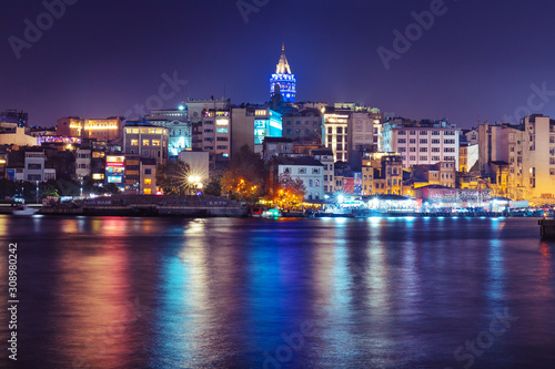 view of Karakoy with Galata tower at night  Istanbul  Turkey