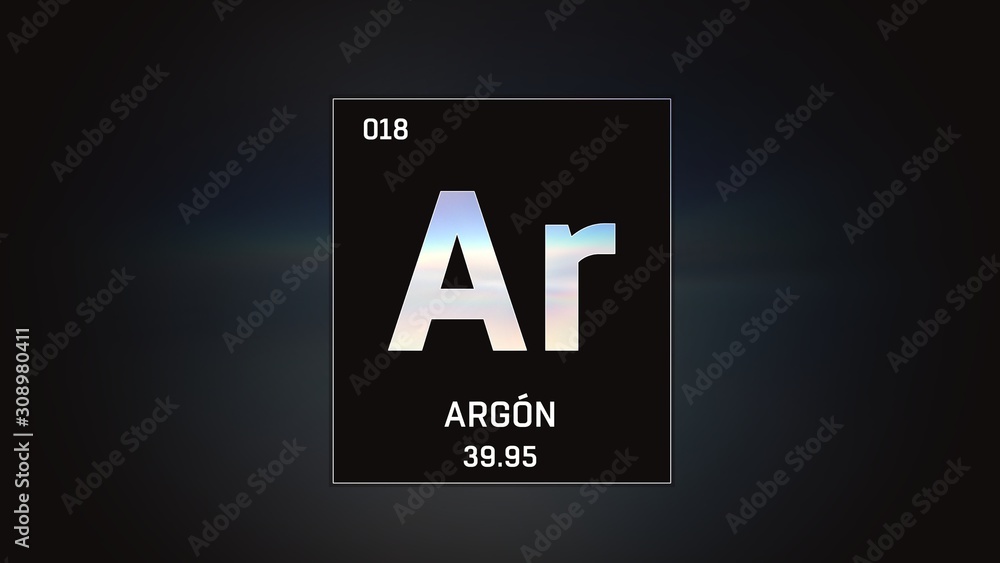 3D illustration of Argon as Element 18 of the Periodic Table. Grey illuminated atom design background with orbiting electrons. Name, atomic weight, element number in Spanish language 3D illustration of Argon as Element 18 of the Periodic Table. Grey illuminated atom design background with orbiting electrons. Name, atomic weight, element number in Spanish language
