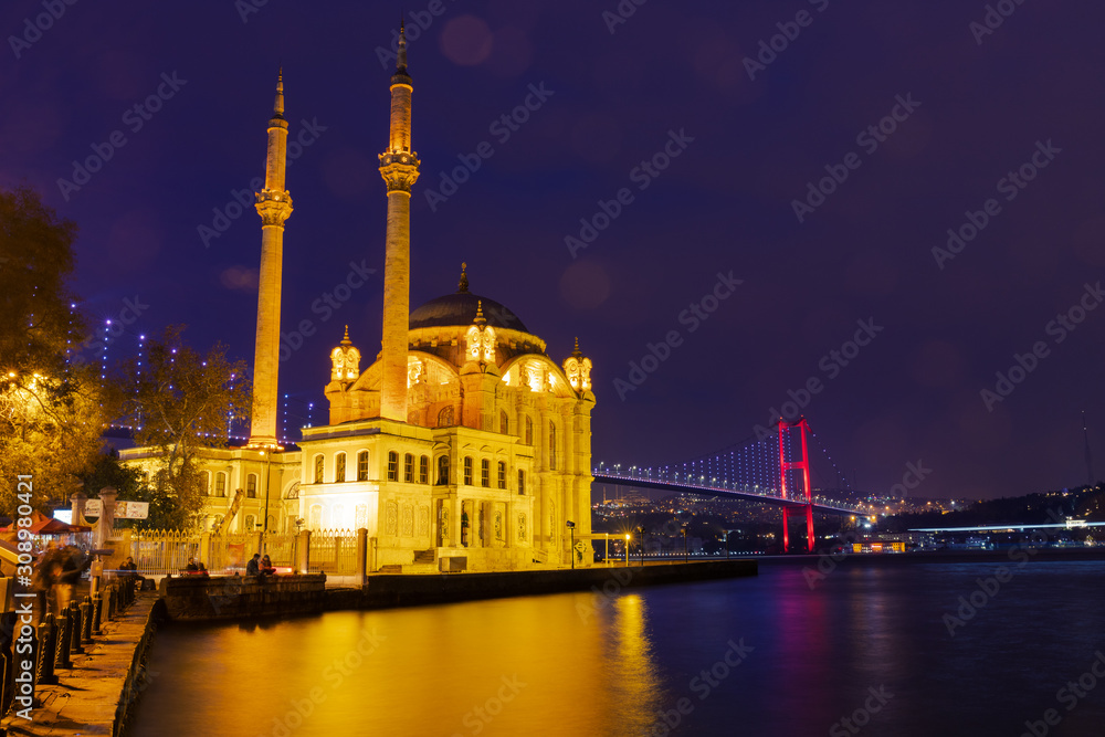 view of Ortakoy with Ortakoy Camii Bosphorus bridge at night ,Istanbul, Turkey