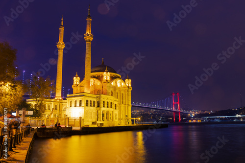 view of Ortakoy with Ortakoy Camii Bosphorus bridge at night ,Istanbul, Turkey