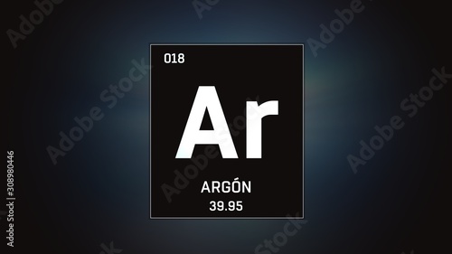 3D illustration of Argon as Element 18 of the Periodic Table. Grey illuminated atom design background with orbiting electrons. Name, atomic weight, element number in Spanish language