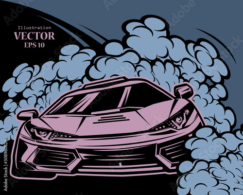 Sport car vector design. Street racing illustration. Drift show elements