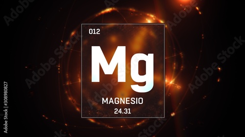 3D illustration of Magnesium as Element 12 of the Periodic Table. Orange illuminated atom design background with orbiting electrons. Name, atomic weight, element number in Spanish language photo