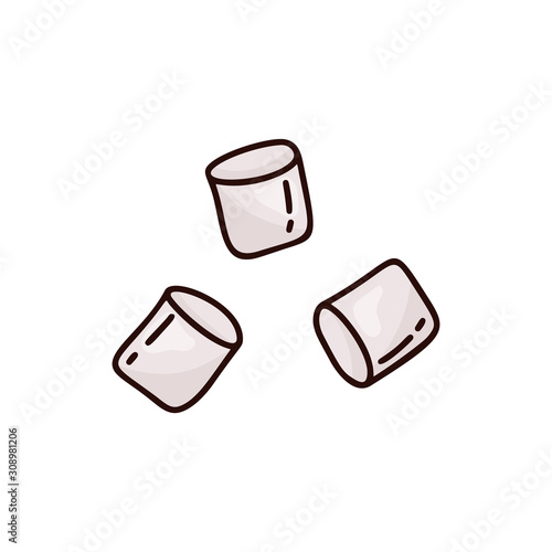 Doodle marshmallow icon. Hand drawn vector set. Color illustration for food, cooking, product design. Cartoon isolated candy on white background. Line art elements