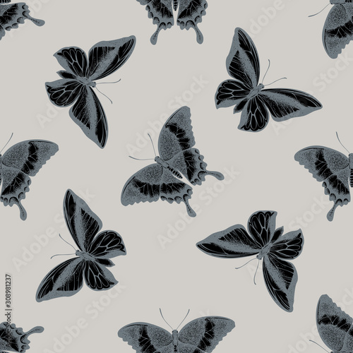 Seamless pattern with hand drawn stylized papilio palinurus, ornithoptera goliath