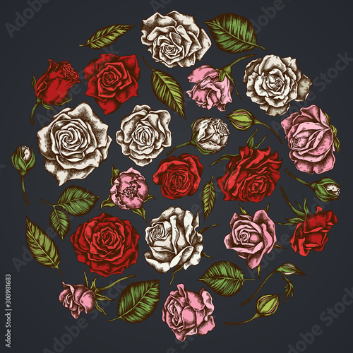Wallpaper Mural Round floral design on dark background with roses Torontodigital.ca