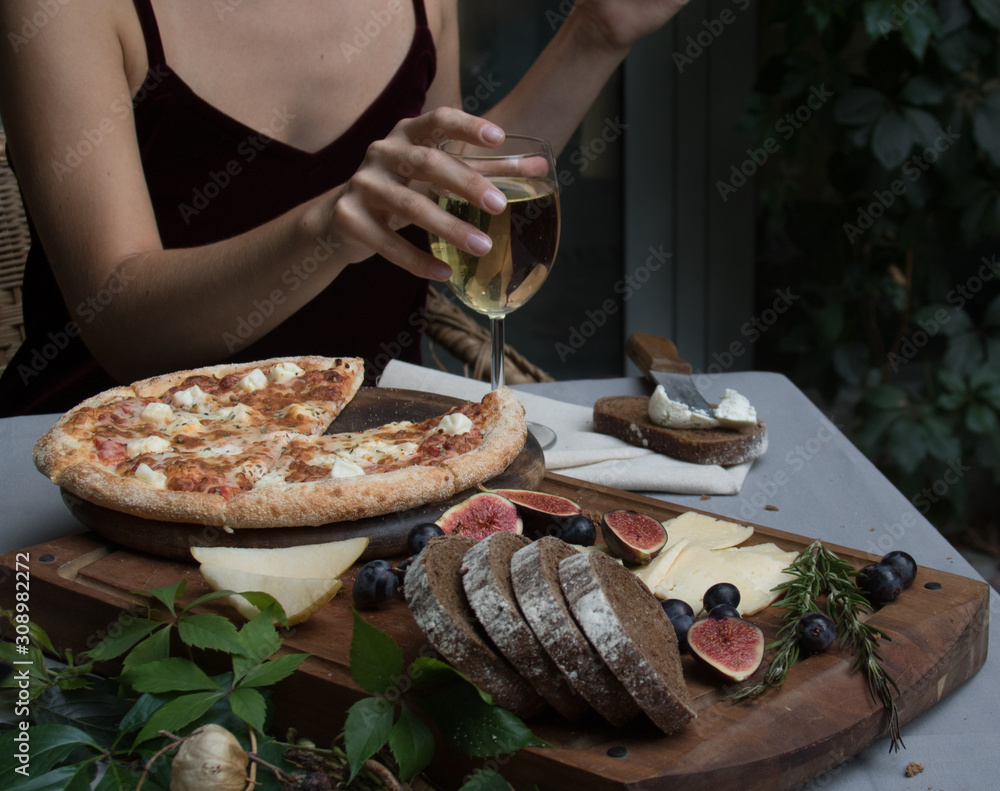 bread, figs, pizza, and woman with wine