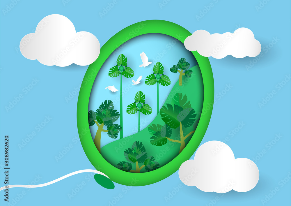 Green balloon and white cloud on blue sky background with landscape of paper art ,nature conservation and energy concept, vector or illustration style