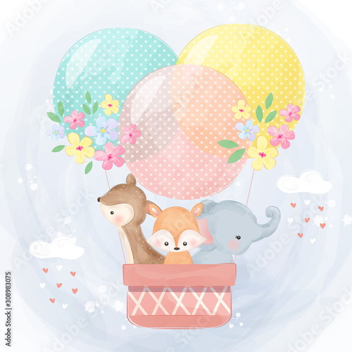 cute animals flying with the air balloon