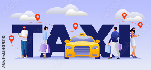 Taxi Service Concept. Driver in Yellow Cab Waiting Passengers and Delivering People to Destination. Mobile App to Call Car with Driver Poster, Banner, Flyer, Brochure. Cartoon Flat Vector Illustration