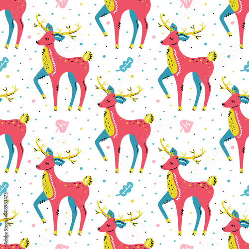 Deers with leaves vector flat hand drawn seamless pattern. Animal, nature background in scandinavian style. Paper, fabric print. 