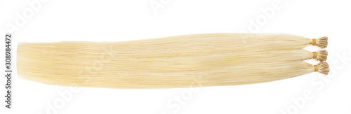 Natural human blonde hair extensions, space for text. Multicolor straight and curly tape in colorful remy. Tail for women.