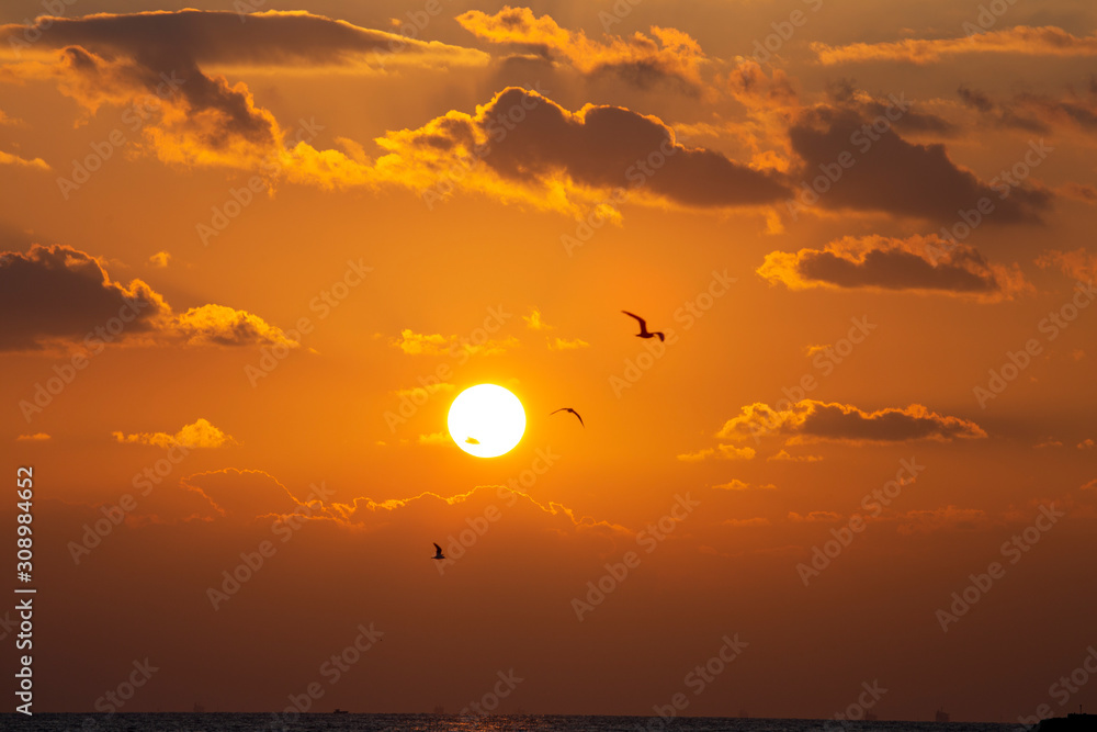 dawn sun in the midst of clouds over the ocean dawn sun in the midst of clouds over the ocean