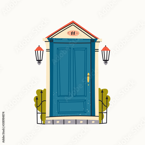 Beautiful blue retro vintage Front Door. Lamp on a brick wall. House Exterior. Home Entrance. Hand drawn colored vector illustration. Isolated on a white background