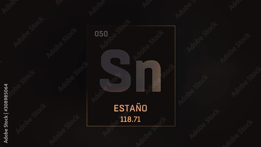 Tin as Element 50 of the Periodic Table. Seamlessly looping 3D animation on grey illuminated atom design background with orbiting electrons. Name, atomic weight, element number in Spanish language Tin as Element 50 of the Periodic Table. Seamlessly looping 3D animation on grey illuminated atom design background with orbiting electrons. Name, atomic weight, element number in Spanish language