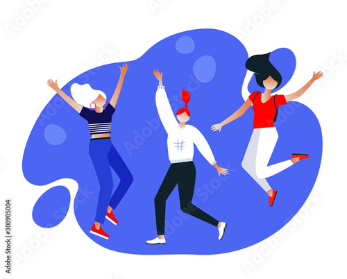 Group of young stylish joyful girls jumping with raised hands. Happy positive young women rejoicing together. flat cartoon style. Vector illustration. Characters design.