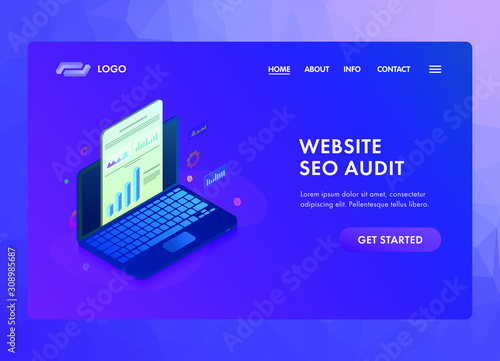 Website SEO audit with online search engine analysis and analytics report. Laptop with graphic and audit documentation. UI isometric vector web page template for landing page, banner or hero images