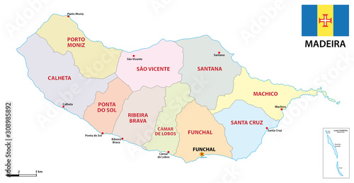 Administrative map of the Portuguese island of Madeira with flag