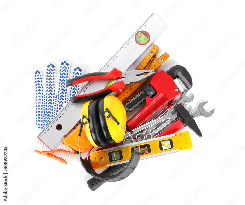 Different construction tools isolated on white, top view
