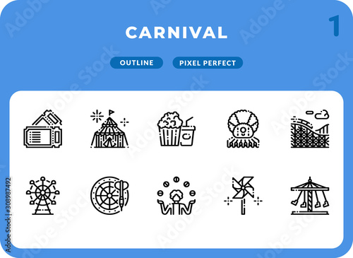 Carnival Dashed Outline Icons Pack for UI. Pixel perfect thin line vector icon set for web design and website application.