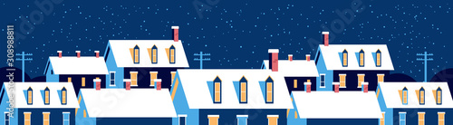 winter houses with snow on roofs night snowy village street merry christmas happy new year greeting card flat horizontal banner vector illustration