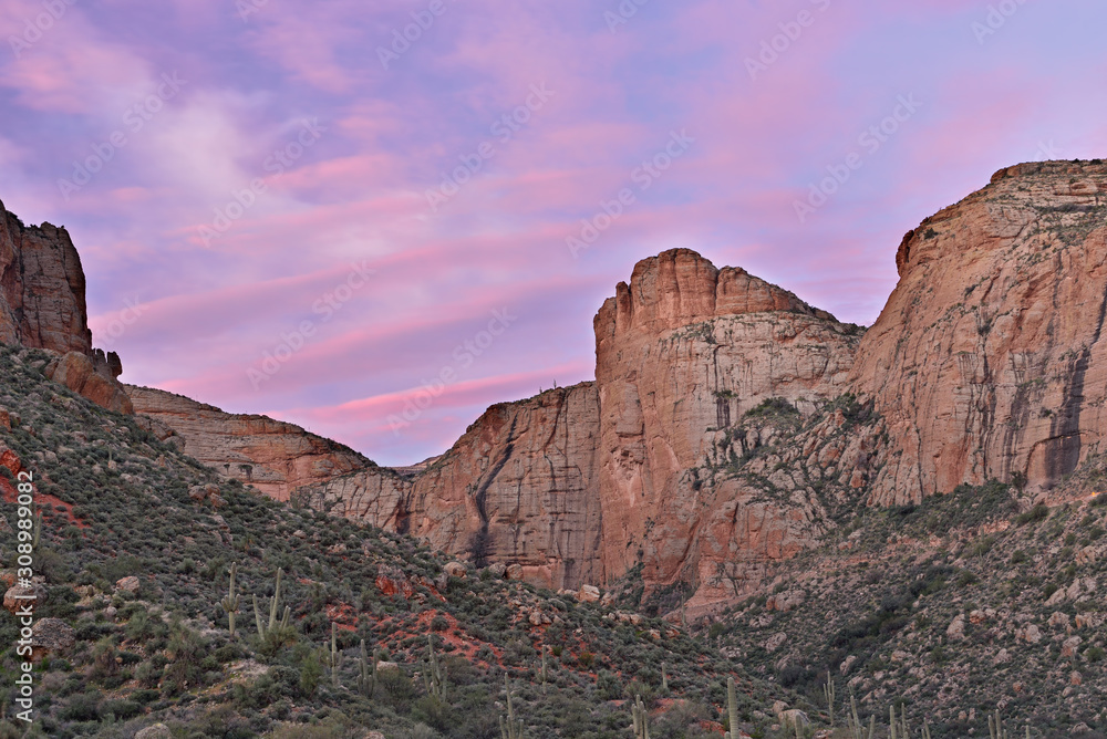 Obraz premium Landscape at twilight from the Apache Trail, Tonto National Forest, Arizona, USA