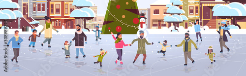 mix race people at ice-skating outdoor rink merry christmas new year winter holidays concept modern city street with decorated fir tree cityscape background full length flat horizontal vector