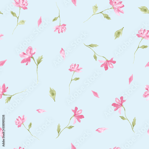 Pink flowers watercolor painting - hand drawn seamless pattern on light blue background