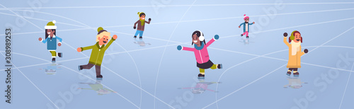 Children skating on ice rink winter sport