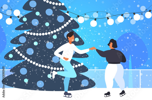 couple skating on ice rink winter sport activity recreation at holidays concept african american man woman holding hands spending time together snowfall landscape background full length horizontal